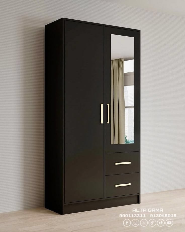 Walnut black 2 doors with drawer & mirror